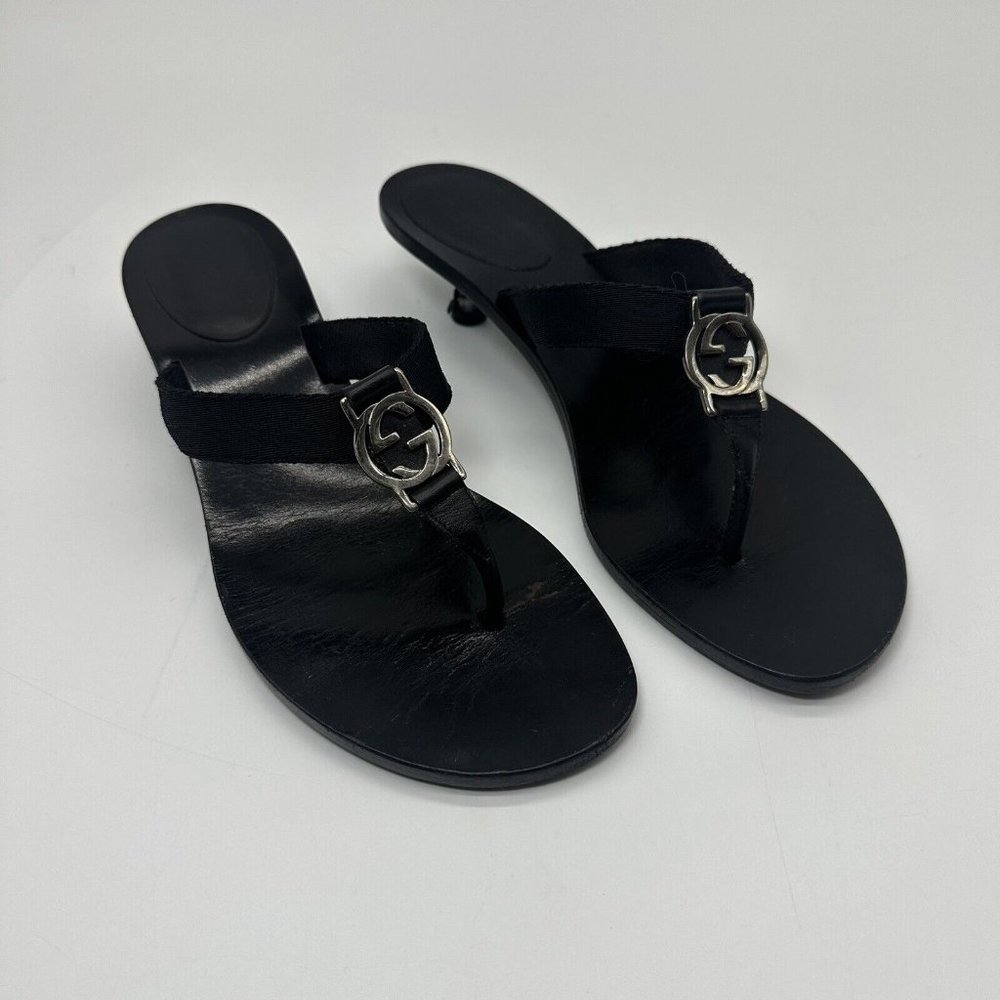 Authentic Gucci Black Lifford Thong Kitten Heel Sandals Women's Sz 8B